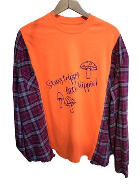 Upcycled Flannel Shirt, Reworked Oversized Hippie Top Mushrooms, Plus Size L-2XL